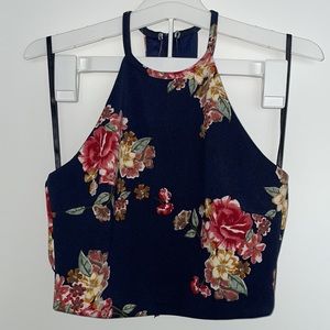 Navy Blue 2 piece set, high waisted flare skirt with matching crop top; size 3/4